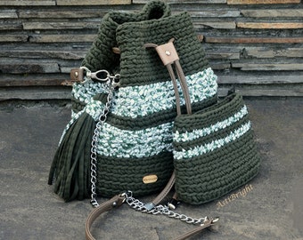 Drawstring bucket bag, Crochet boho bag crossbody, Large hippie bag and zipper pouch wallet