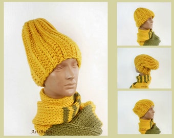 Mustard yellow beanie, Chunky knit hat, Handmade slouchy beanie for women