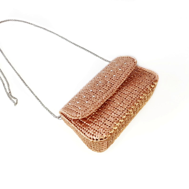 Gold raffia bag, Metallic clutch with chain, Small evening bag, Formal clutch purse zdjęcie 6