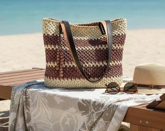 Raffia Shoulder Tote Bag: Handmade Straw Purse with Leather Handles