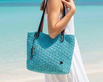 Handgemachte Bast Tasche: Türkis Blaue Häkeln Sommertasche