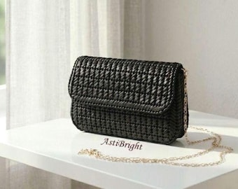 Black Raffia Clutch Bag: Handmade Small Crossbody Purse for Women