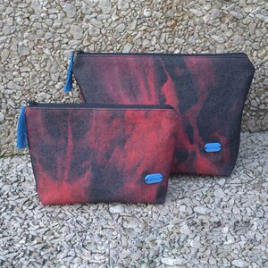 Handmade Marble Denim Zipper Pouch Set: Large & Small Cosmetic Bags