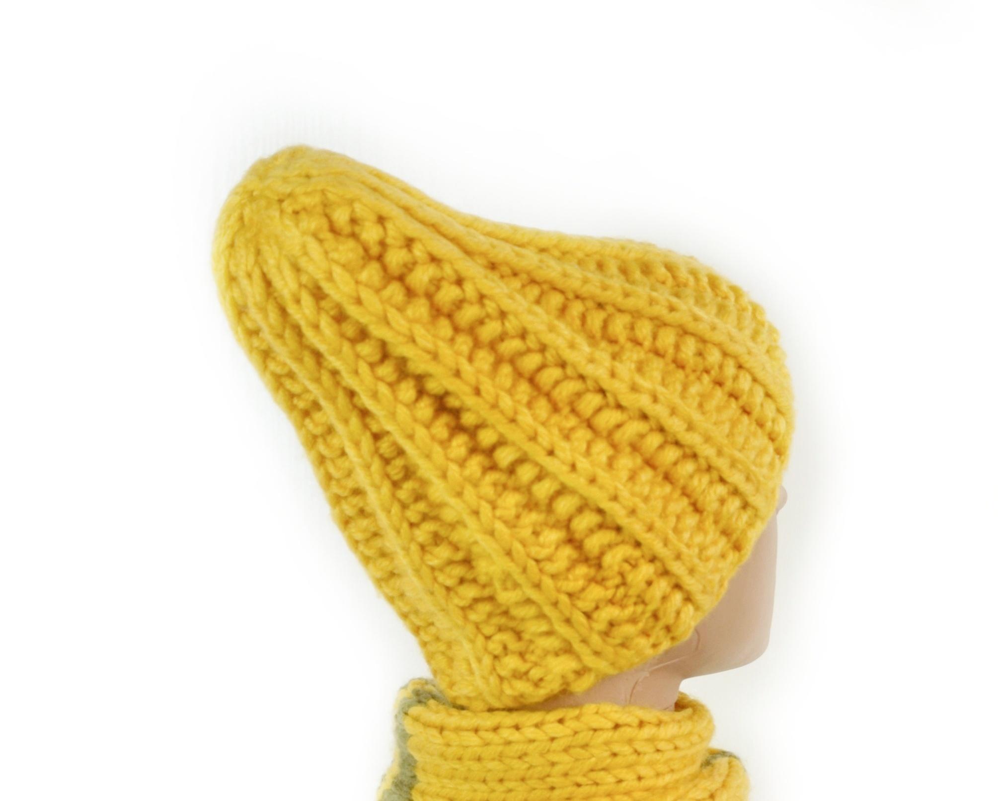 Handmade Chunky Knit Yellow Beanie Montagna | Canary Yellow Chunky Knitted Rib Beanie | In  main image 3