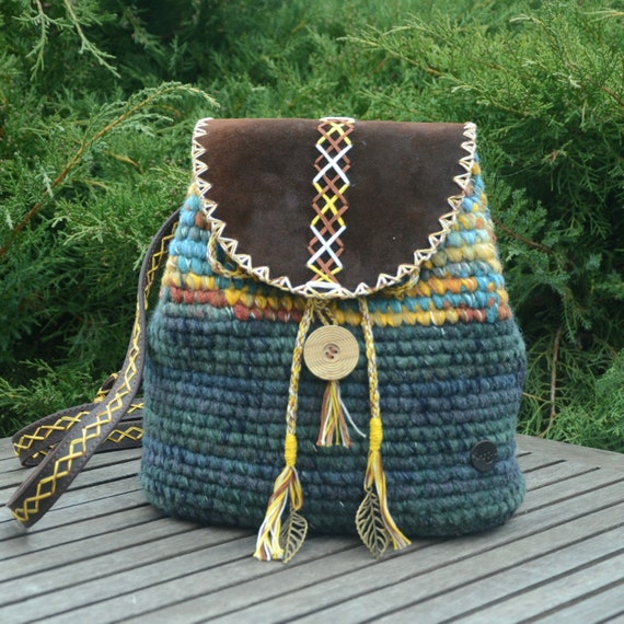 Hand Crafted Brown Leather & Blue Woven Boho Backpack Navy blue Brown Roll top backpack with leather pocket  main image 4