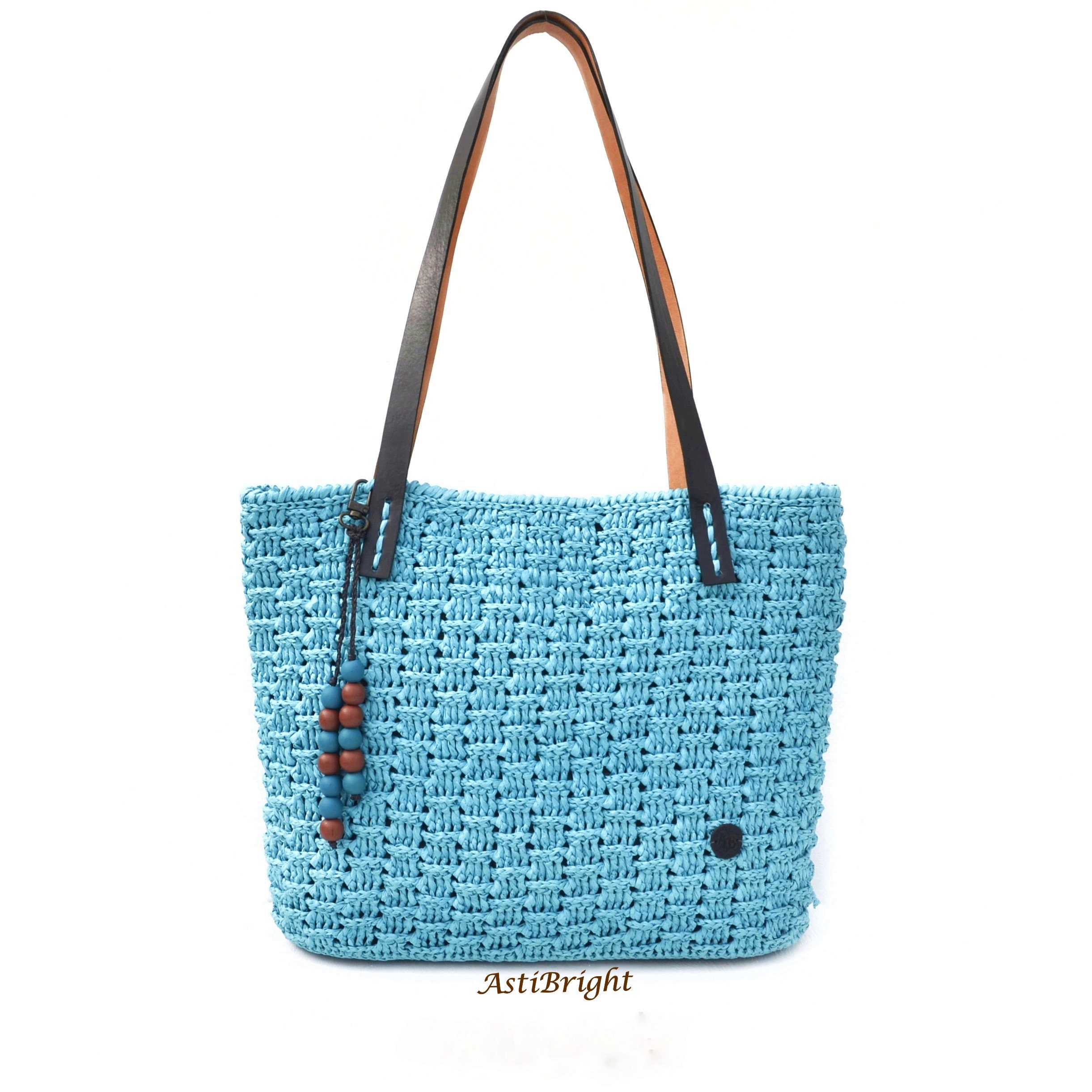 Raffia Tote Bag Straw Bag With Leather Handles Handmade Etsy