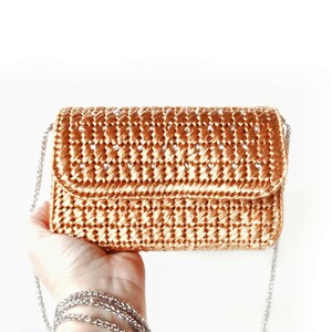 Gold raffia bag, Metallic clutch with chain, Small evening bag, Formal clutch purse zdjęcie 10