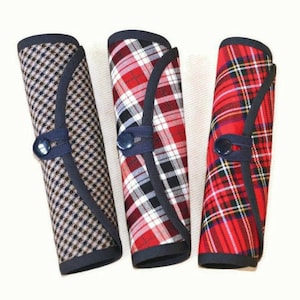 Plaid makeup bag, Roll up cosmetic bag, Handmade mini pouch
