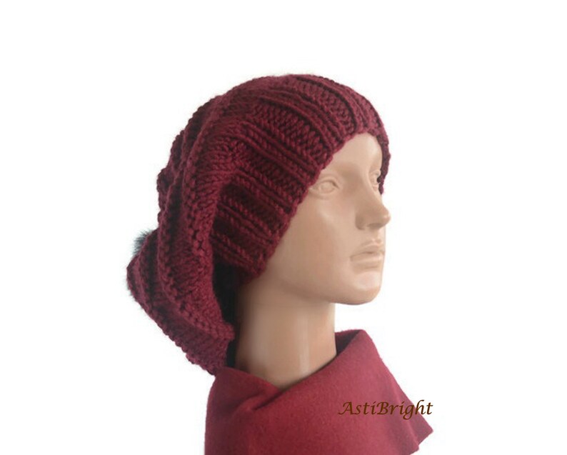 Knit beret with pom pom Baggy hat extra large beanie Slouchy beret for women Red beret handmade