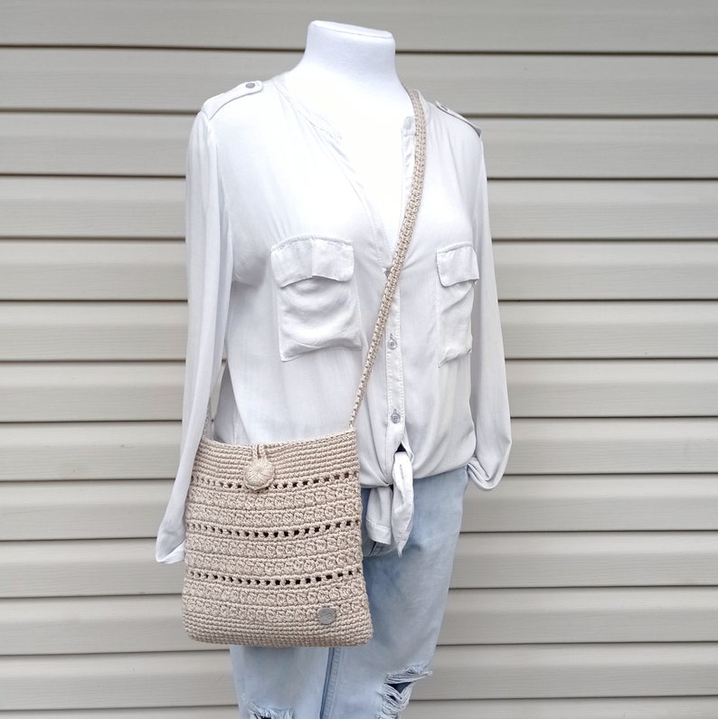 Small Boho Crossbody Bag Beige Crochet Cotton Bag Handmade Etsy