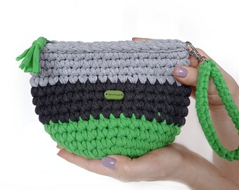 Crochet wristlet purse, Small zipper pouch, Cute makeup bag with handle, Large cosmetic bag for women