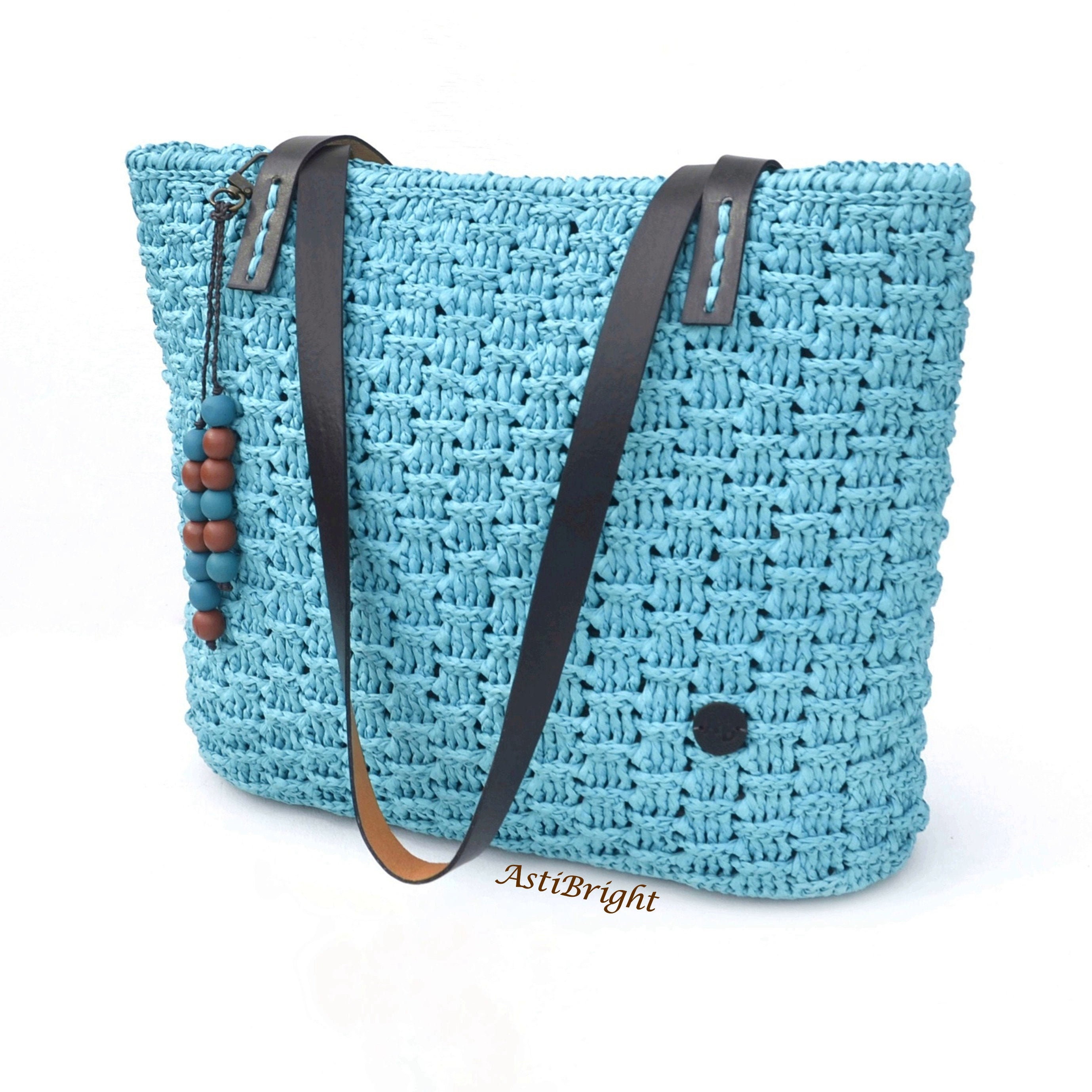 Raffia Tote Bag Straw Bag With Leather Handles Handmade Etsy