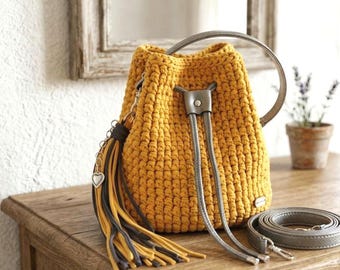 Sac seau au crochet fait main : bandoulière bohème hippie, moutarde et graphite