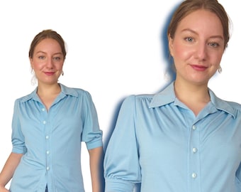 Hellblaue 1960er Jahre Bluse Gr S | 1960er Jahre Mod Top | 60er Jahre Vintage Bluse pastellblau | Blau Mod Bluse | Button Down Bluse | 1960er Jahre Herrenhemd |