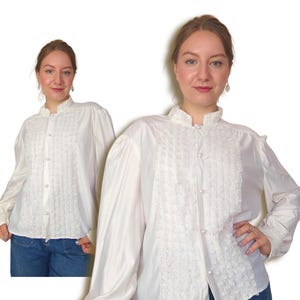 Edwardian Style Blouse Size M-L | White Ruffled Blouse | 1970s Vintage Blouse | 70s Edwardian Blouse | 70s Vintage Top | White Ruffled Top