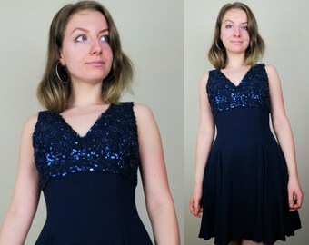 Vestido de skater de la 1990 de la marina / tamaño S / vestido de lentejuelas / vestido de discoteca vintage / vestido de discoteca Glam / mini vestido de la marina / mini vestido vintage