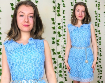 Blue 1960s Lace Dress | Size S | Vintage 60s Shift Dress | Lace Mini Dress | 1960s Mini Dress | Mod Mini Dress | Vintage Mod Dress