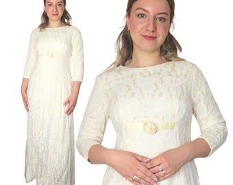 1960s Wedding Dress Size Extra Small | Empire Waist Dress | Lace White Dress | 1960s Maxi Dress | Vintage Wedding Dress