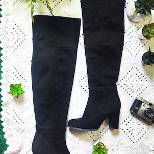 Size UK 6 | EU 39 | US 8.5 | Faux Suede Thigh Boots | Y2K Black Boots | High Heel Suede Boots | Black Sexy Boots | Fake Suede Boots