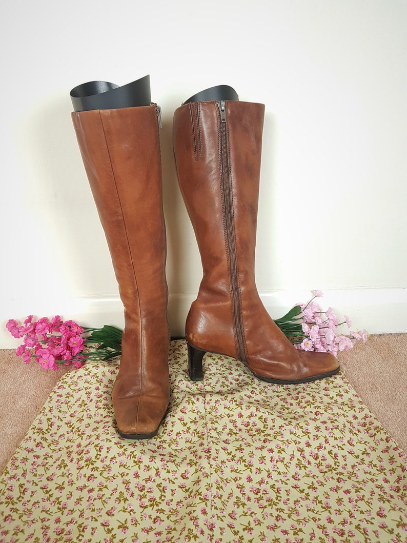 Block Leather 1990s Genuine Boots Vintage Knee Etsy Heel High Brown OT70wq1
