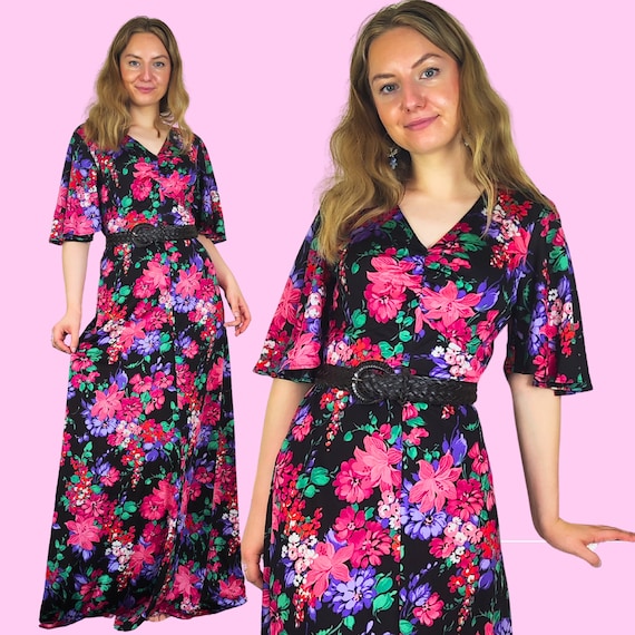 Floral 1970s Maxi Dress | Size M | Butterfly Slee… - image 1