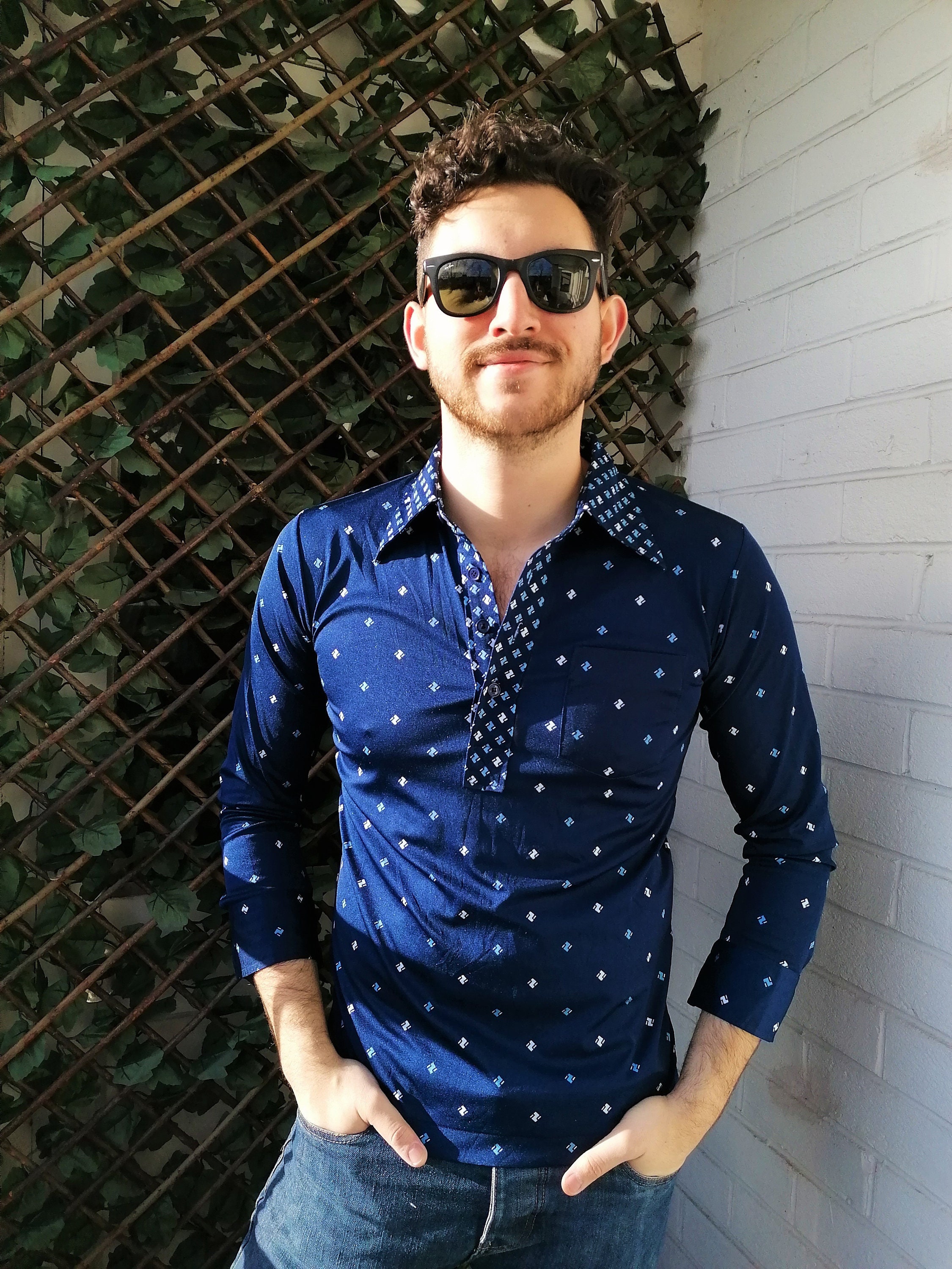 Image of Electric Blue 1960S Men's Mod Shirt | Size S-M Top Navy Vintage Nautical