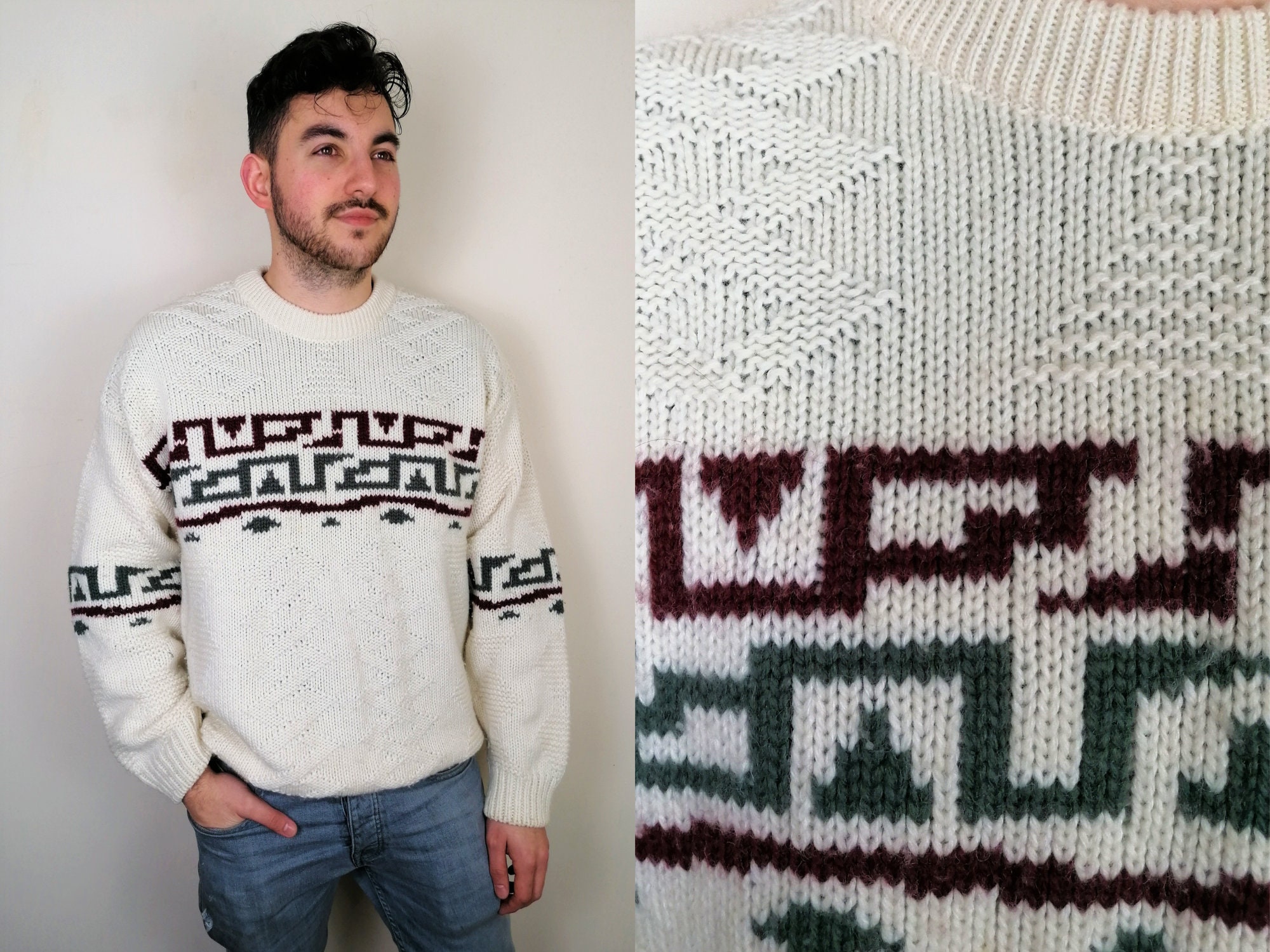 Image of White 1980S Sweater | Size M-L Oversized Vintage Jumper Geometric 80S