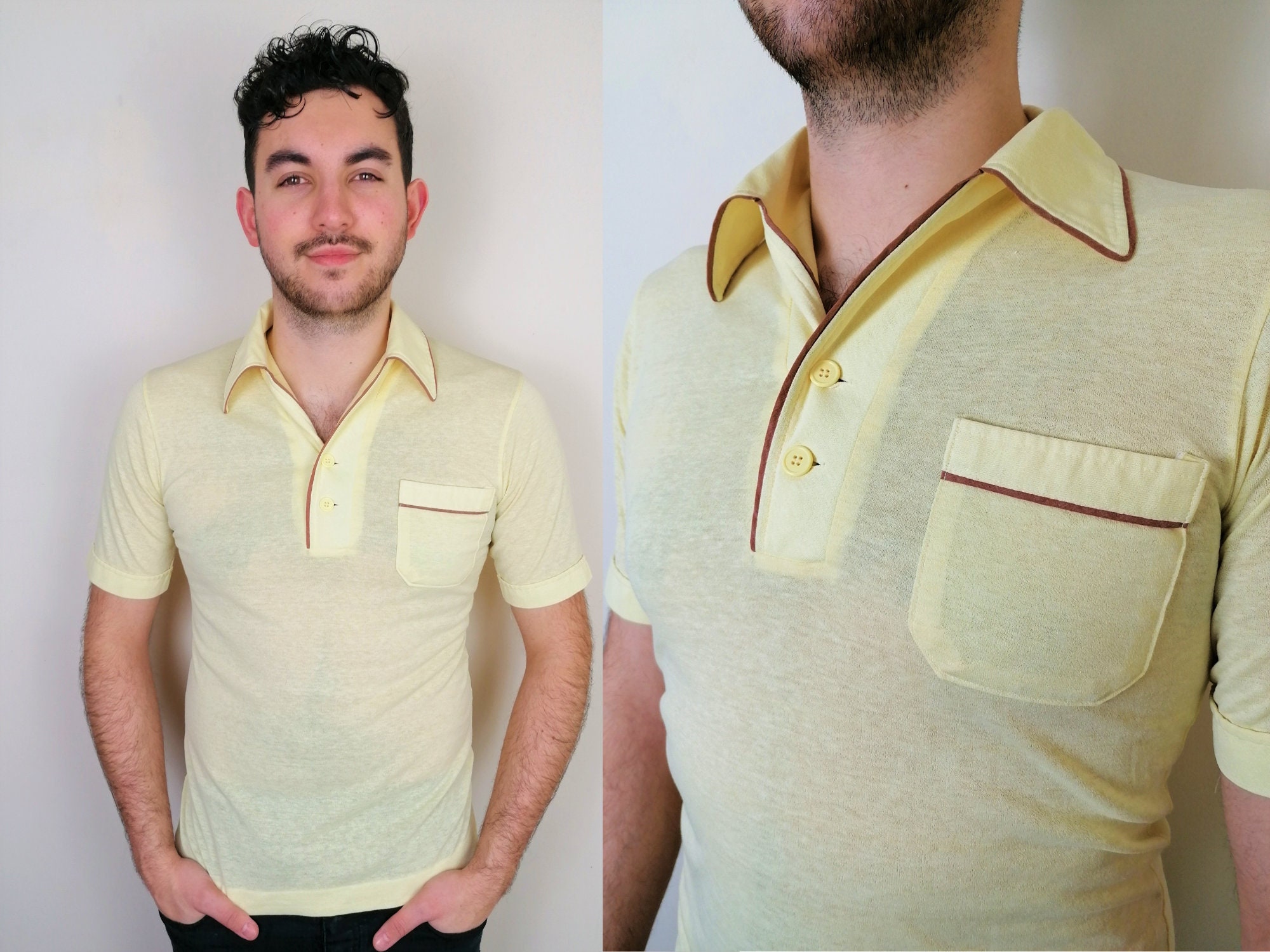 Image of Pastel Yellow 1960S Mod Shirt | Size S-M Top Vintage Men's Beatles