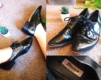 1990s Dune Black Patent Oxford Shoes / Size UK 7 / EU 40.5 / US 9 / Black Vintage Shoes / Preppy Shoes / Patent Leather Shoes