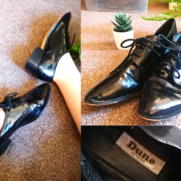 1990s Dune Black Patent Oxford Shoes | Size UK 7 | EU 40.5 | US 9 | Black Vintage Shoes | Preppy Shoes | Patent Leather Shoes