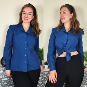 Electric Blue 1970s Ladies Shirt | Size S-M | Navy Blue Vintage Blouse | 70s Mod Shirt | Ladies Mod Top | Vintage Mod Top | Mod Fashion