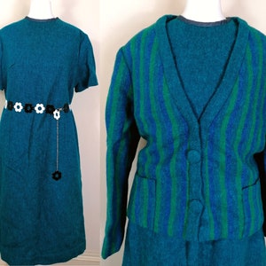 Groovy 1960s Mod Two-Piece Suit | Size M-L | Teal Wool 1960s Dress Suit | 60s Vintage Dress | Vintage Wool Dress | 60s Wool Jacket