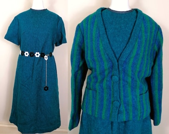 Groovy 60er Jahre Zweiteiler Anzug | Größe M-L | Petrolfarbener 60er Jahre Kleid Anzug | 60er Vintage Kleid | Vintage Wollkleid | 60er Jahre Wolljacke