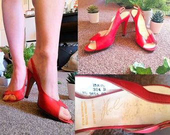 Sexy Red 1930s Leather Shoes / Size UK 3 / EU 36 / US 5 / Pinup Shoes / 1930s Stiletto Shoes / High-Heel Shoes / Red Leather Shoes