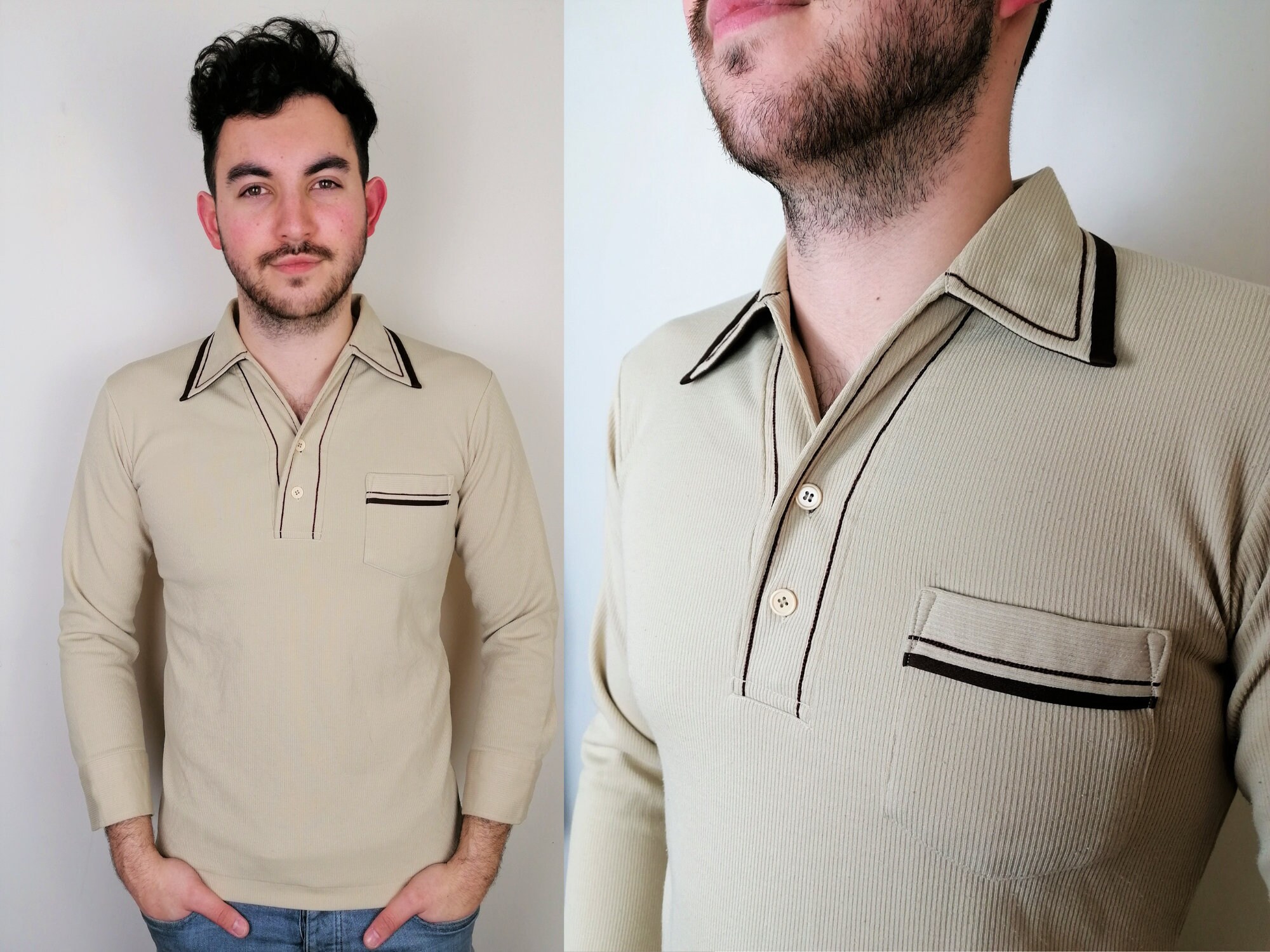Image of Beatles 1960S Mod Shirt | Size S-M Brown Top Vintage Men's Beige Cream
