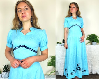 RARE 1970s Turquoise Blue Maxi Dress | Size XS-S | Vintage Bridesmaid Dress | Fantasy Dress | Medieval Dress | Princess Vintage Dress