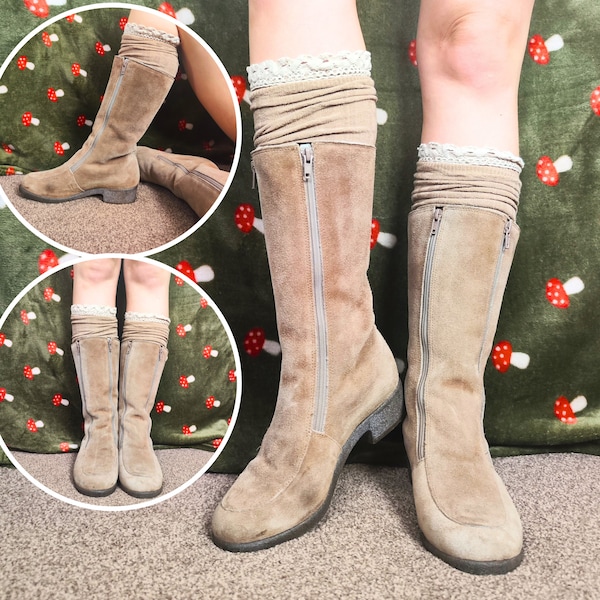 1960s Suede Front Double Zip Winter Boots | Size UK 5.5 | EU 39 | US 7 | Beige Suede Leather Boots | 60s Vintage Suede Boots