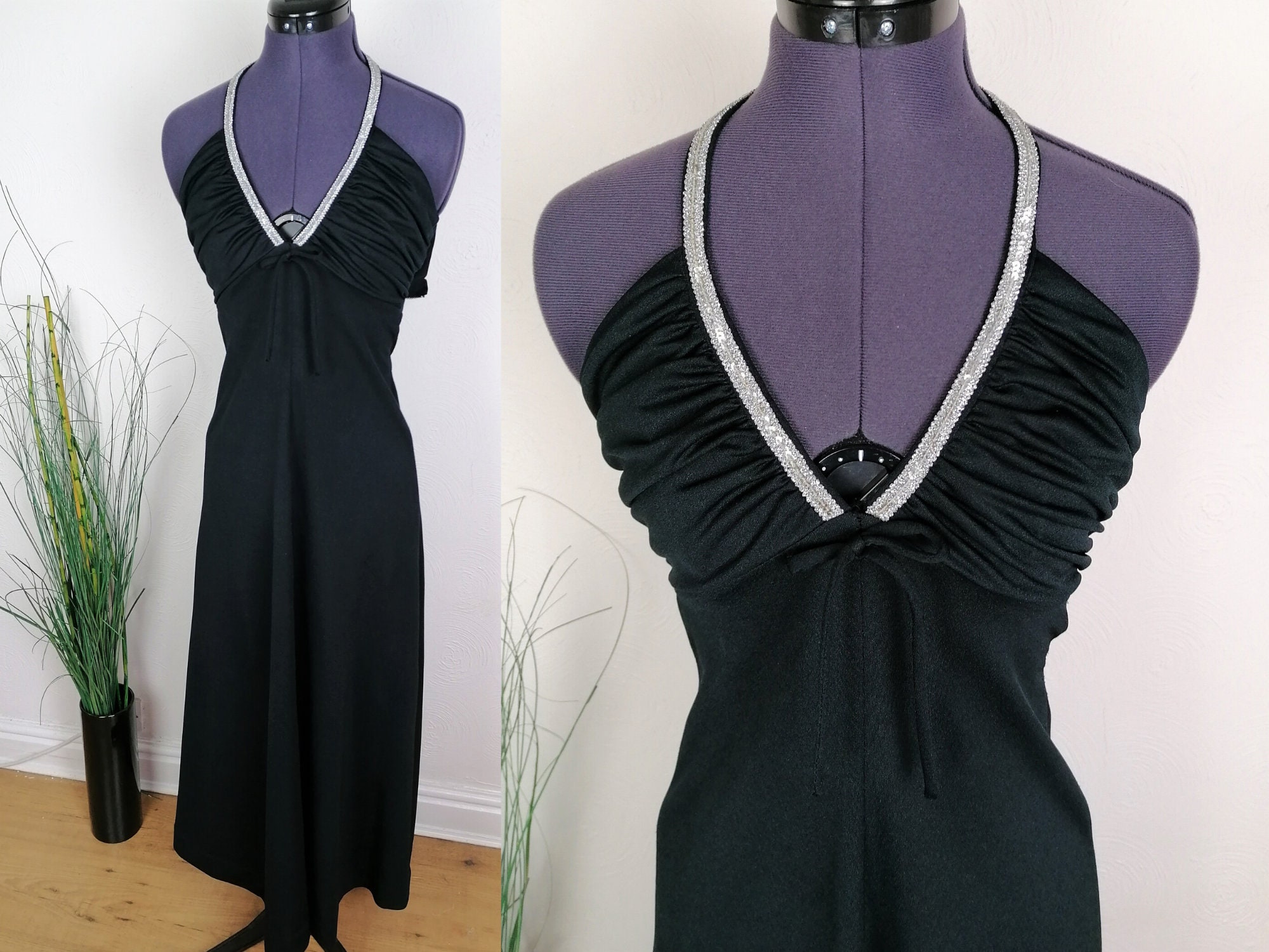 Image of American Hustle S Evening Dress | Size Xs Black Vintage Halterneck Disco Glam S Maxi