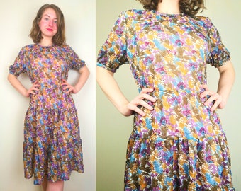 Tropical Flowers 1970s Dress | Size M | 1970s Vintage Dress | 70s Floral Dress | Floral Vintage Dress | Vintage Hippy Dress | Bohemian Dress