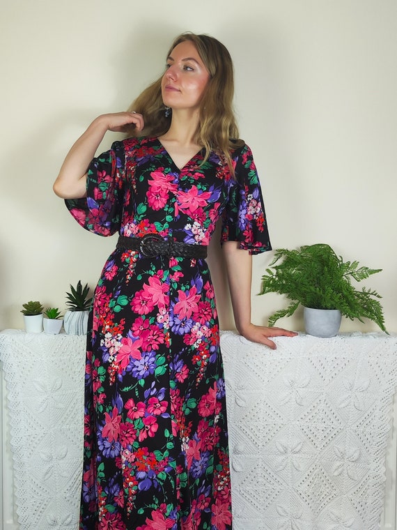 Floral 1970s Maxi Dress | Size M | Butterfly Slee… - image 5