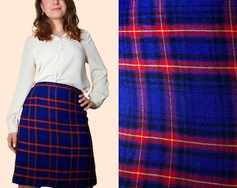 Electric Blue & Red Plaid 1970s A-Line Skirt | Size S | Vintage Cotton Mini Skirt | Vintage Tartan Skirt | Plaid Mini Skirt | Preppy Skirt