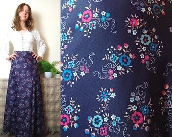 DAISY JONES 1970s Floral Maxi Skirt | Size S | Hippy Long Skirt | Navy Floral Skirt | 70s Maxi Skirt | 1970s Skirt | Flower Power Maxi Skirt