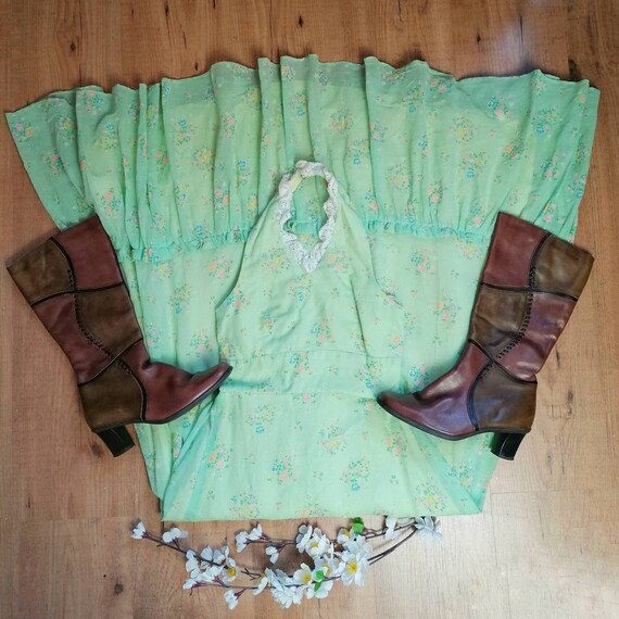 1970s Praire Dress | Size XS | Green Floral Maxi D