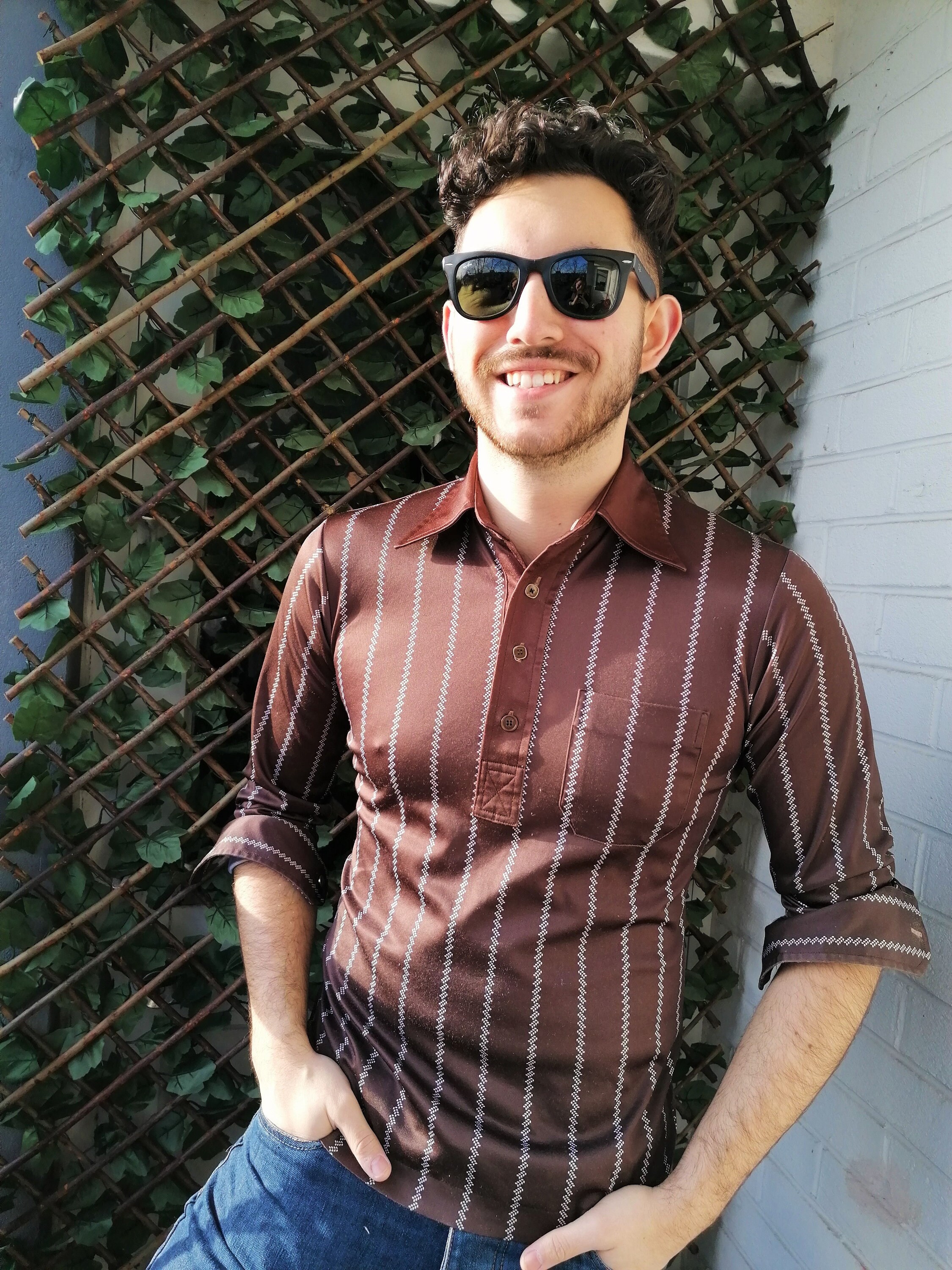 Image of Brown 1960S Men's Mod Shirt | Size S-M Top Preppy Vintage