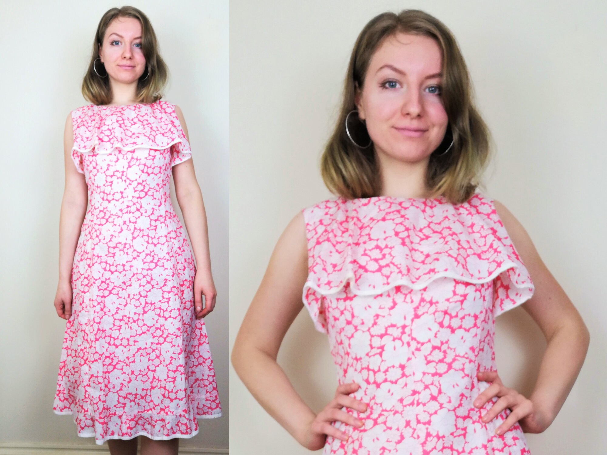 1960s Dress Size XS-S Floral Pink Dress 