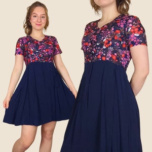 Sukienka z motywem kwiatowym z lat 60. i 70. | Rozmiar S | Sukienka mini z lat 60. | Sukienka mini w stylu vintage | Sukienka vintage z motywem kwiatowym | Sukienka skater z lat 70. | Sukienka Psych Floral