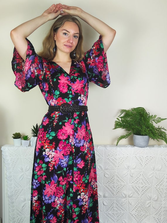 Floral 1970s Maxi Dress | Size M | Butterfly Slee… - image 3