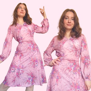 1970s Floral Fairy Dress | Size S-M | 70s Vintage Dress | Floral Vintage Dress | 1970s A-Line Dress | Pink Floral Dress