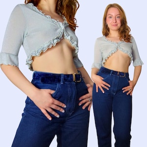 90s does 70s Silver Disco Crop Top | Size S | Vintage Bolero Top | Silver Cropped Top | Disco Top | Disco Glam Vintage Top | Vintage Blouse