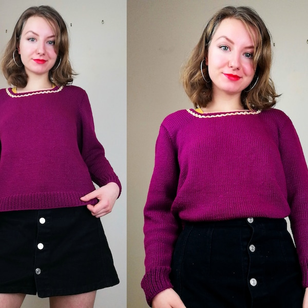 Plum Purple Hand-Knitted Vintage Jumper | Size S-M | Vintage Sweater | Purple Jumper | Purple Sweater | Hand-Knitted Jumper | 1980s Jumper
